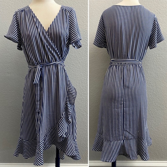 Naïf Blue and White Stripped Blue and White Wrap Dress with Ruffe Detail - L - Picture 1 of 10